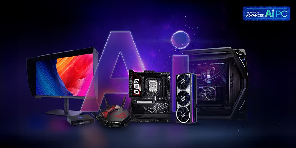 ASUS AI PC ecosystem: monitor, router, motherboard, graphics card and PC