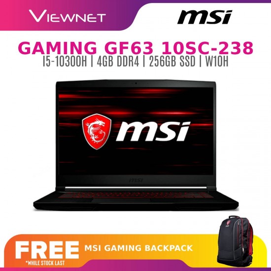 MSI GF6310SC-238 15.6" FHD (I5-10300H , 4GB , 256GB SSD, GTX1650 MAX Q 4GB , W10) FREE BACKPACK(BLACK)	