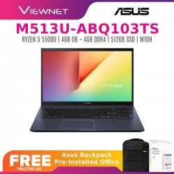 ASUS VIVOBOOK 15 M513U-ABQ103TS (BLACK) M513U-ABQ104TS (SILVER) (R5-5500U/8GB/512GB SSD/15.6 FHD/W10/2YRS) OFFICE H&S 2019 + FREE BACPACK