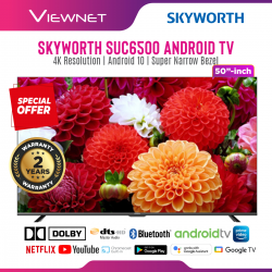 SKYWORTH SUC6500 Android 10 | 4K UHD & Smart AI TV (50 Inch ) Super Narrow Bezel | Netflix, YouTube, Google Assistance, Google Play and with 2 Years SKYWORTH Malaysia Warranty